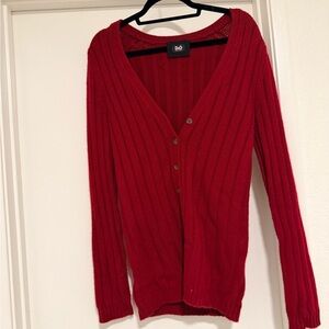 D&G Women's Red Ribbed V-Neck Button Cardigan